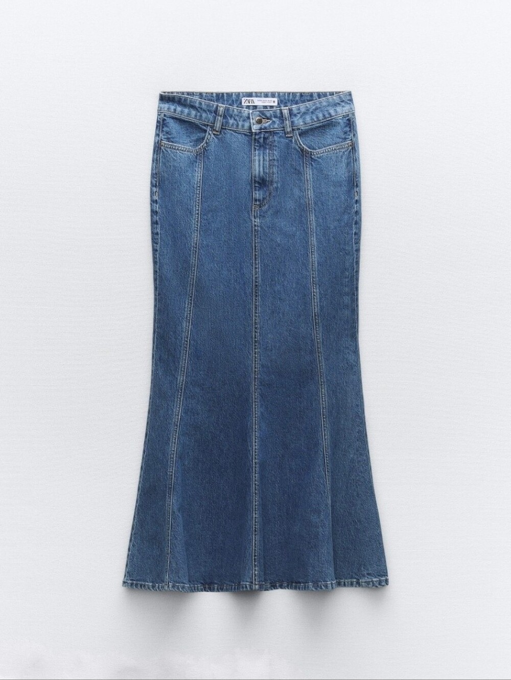 Zara Blue Denim Flared Midi Skirt Medium Paneled Boho Western Raw Hem Grunge